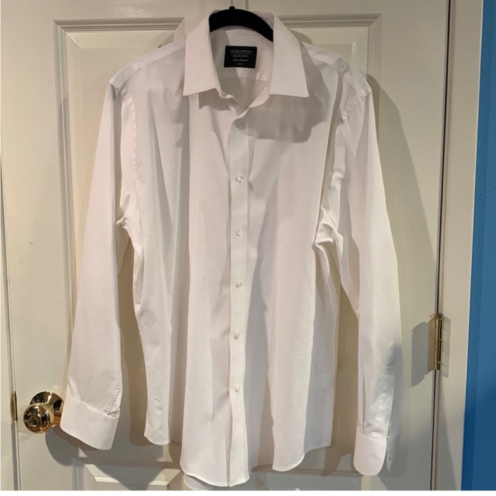 🔥Nordstrom 15.5, 32-33 tech smart trim fit mens crisp white dress shirt 🔥
